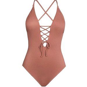 CUPSHE PLUNGE V-NECK RIBBED LACE-UP HIGH-CUT ONE PIECE SWIMSUIT SIZE LARGE NWT